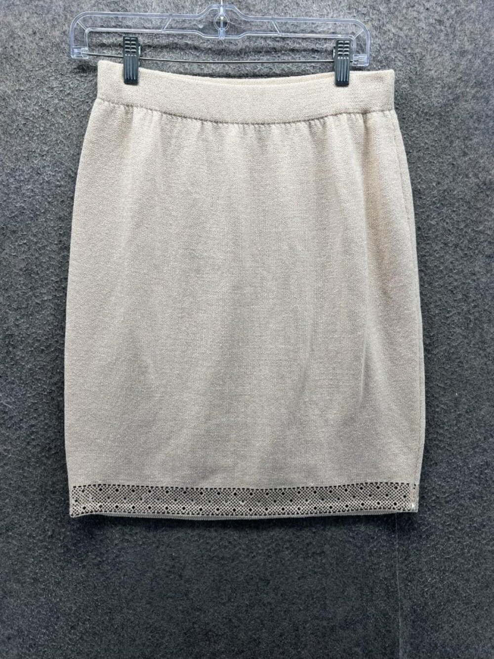St. John Evening Skirt Womens 8 Beige Knit Lace Hem Pencil Lined Stretch